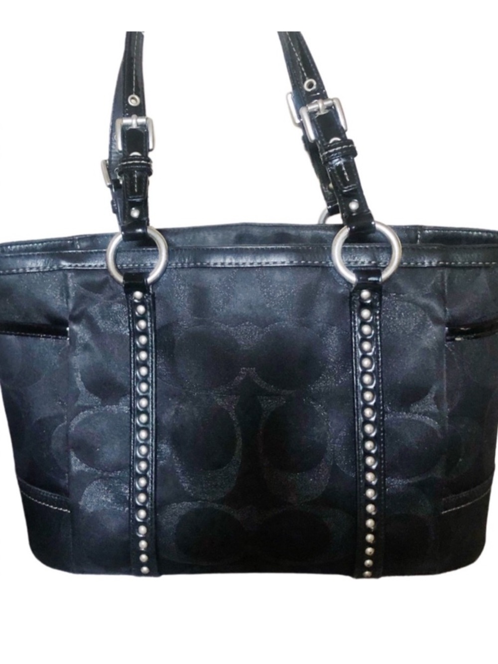 Coach Black Signature Print Studded Trimmed Tote Shoulder Bag